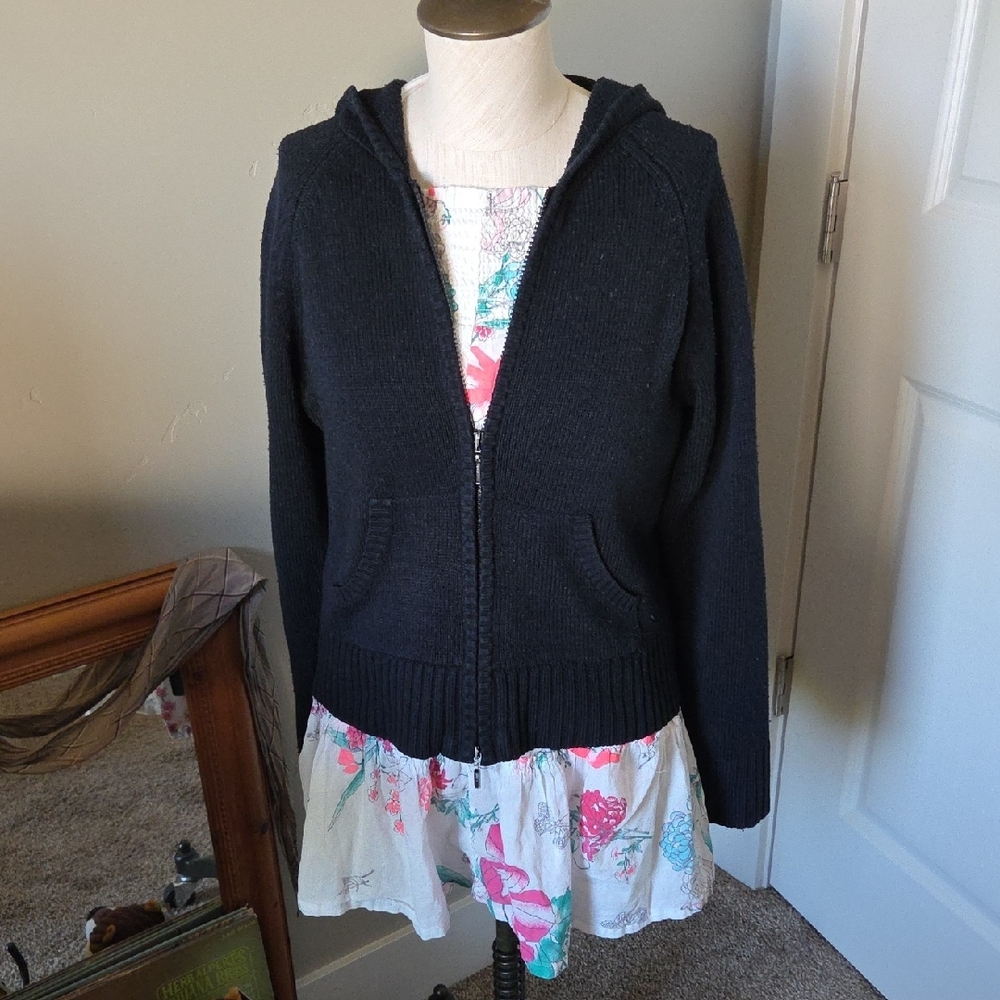 Julien Black Hooded Knit Zip Jacket measures 36" x 21" No SizLabel Zip-Up Hoodie